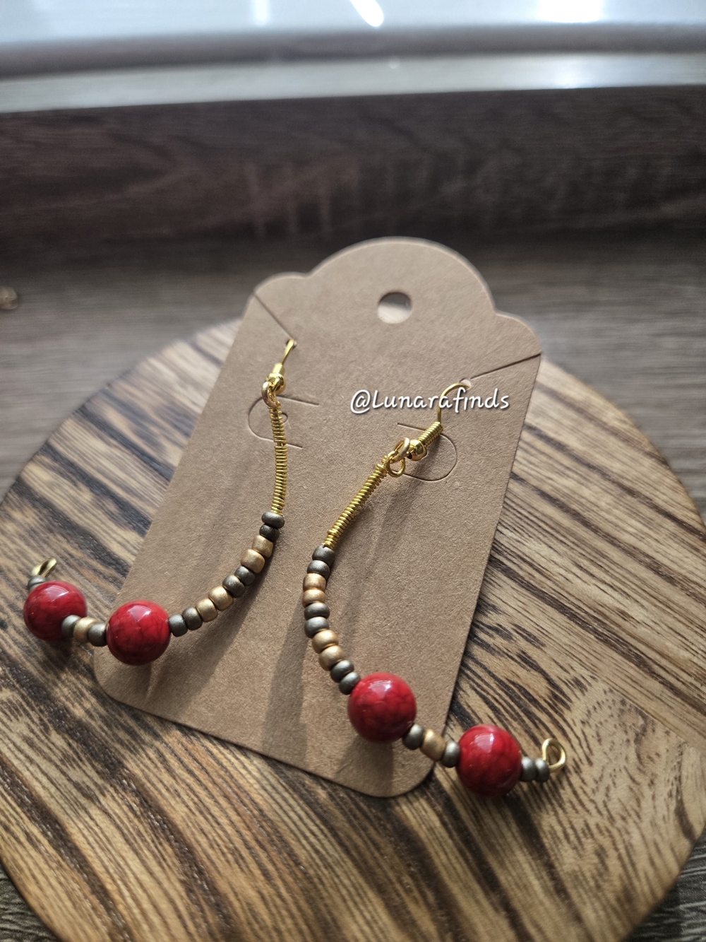 Handcrafted Red Half Twirl Boho Hoop Earrings - Gold Accent
